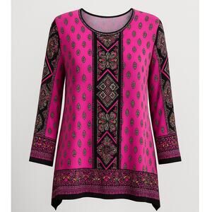 CATHERINE'S LONG SLEEVE STERETCHY TUNIC TIE FRONT TOP SIZE 2X 22/24 BOHO FUCHSIA